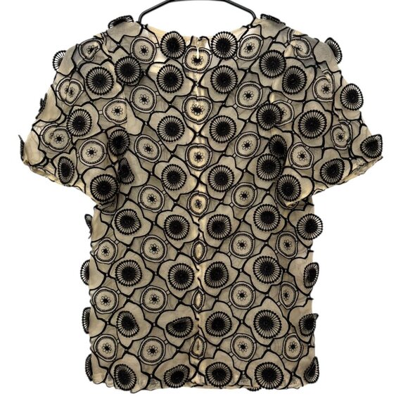 JILL STUART COLLECTION Silk Blouse Sheer Unusual 3D Floral Appliques Black Cream - Picture 5 of 8